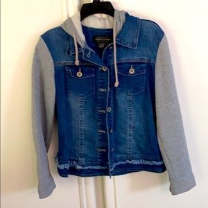 Denim jean jacket with sweatshirt sleeves and hood